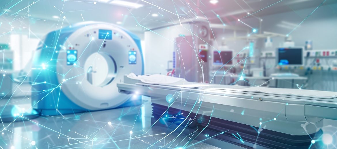 advanced mri or ct scan medical diagnosis machine at hospital lab as wide banner with copy space area - Generative AI